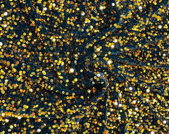 Gold Sequin Black Stretch Velvet Fabric: 5mm Shining Sequins, 2-Way Stretch (58/60")