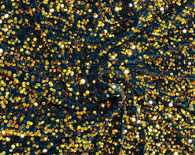 Gold Sequin on Black Stretch Velvet With Partial Luxury Sequins  5mm Shining Sequins 2-way Stretch 58/60” (Choose The Quantity)