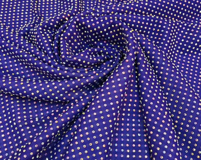 Iridescent Rhinestones Fabric On Purple Power Mesh Nylon Spandex With Crystal Stones, AB Rhinestones sold by the yard