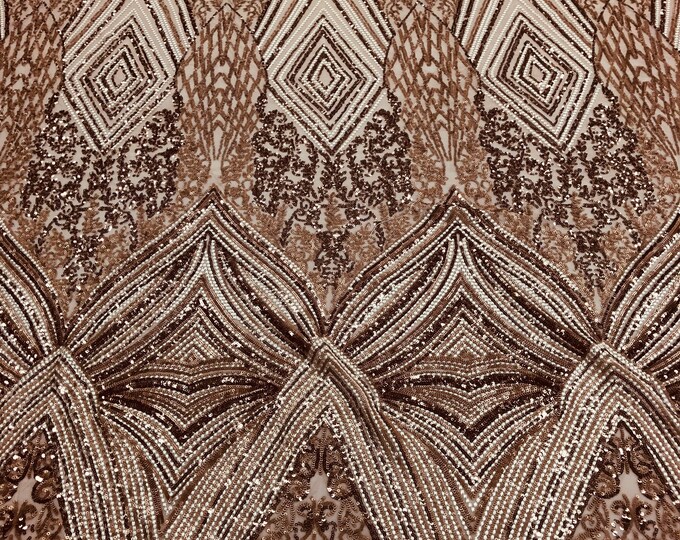 Coffee 4 Way Stretch Geometric Sequins - Nova Design Triangular Fabric for Prom Gala Gown Sold By The Yard