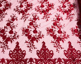 Burgundy Bridal Lace - by the yard - Damask Design Embroidered on Mesh Lace Fabric, Floral Wedding Dress (Pick a Size)