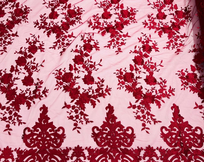 Burgundy Bridal Lace - by the yard - Damask Design Embroidered on Mesh Lace Fabric, Floral Wedding Dress (Pick a Size)