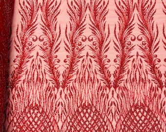 Red Beaded Damask Fabric: Bridal Appliqué Lace by the Yard