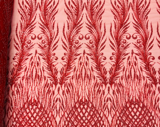 Red Beaded Fabric by the yard, Bridal Heavy beaded, Damask Pattern With Beads and Sequin, Appliqué lace for bridals,weddings,prom dress.