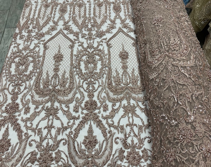 Mia’s Fabrics, Rose Gold/ Nude Mesh - Beaded Fabric - by the yard - Embroidered With Pearls and Beads on Mesh