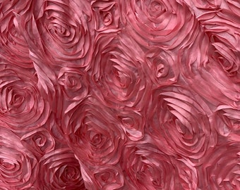 Dusty Rose 3D Rosette Satin Fabric: 54" Wide Floral Ribbon