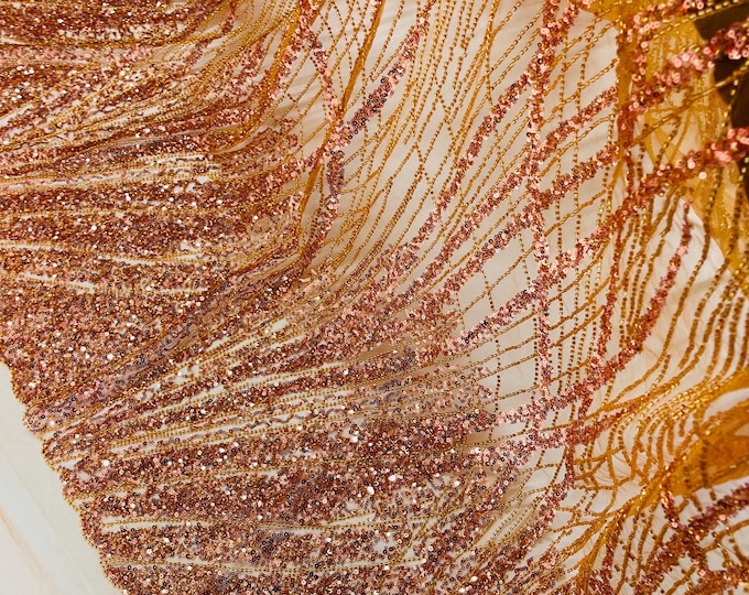 Burnt Orange #1 Beaded Fabric, Fashion Design Beads and Sequins Embroidered on a Mesh Lace