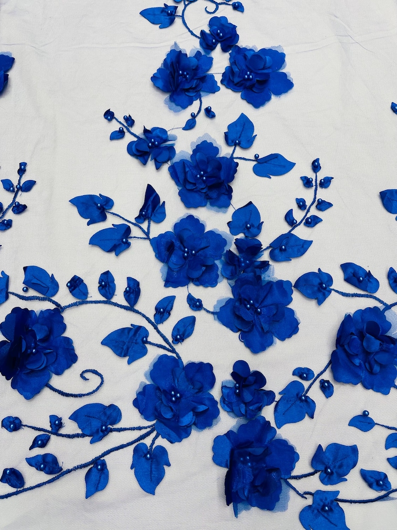 Royal Blue 3D Floral Lace Fabric With Pearls - Prom Dress Fabric by the ...