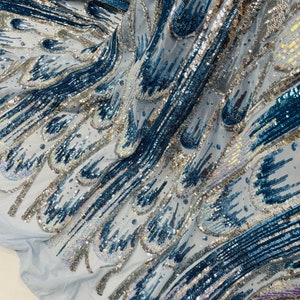 Aqua Iridescent Sequin Fabric: Silver Blue 4-Way Stretch Mesh, Prom Gown Fabric By The Yard