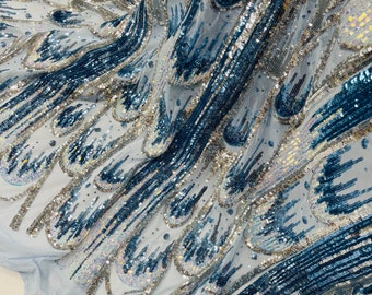 Aqua Iridescent Sequin Fabric: Silver Blue 4-Way Stretch Mesh, Prom Gown Fabric By The Yard