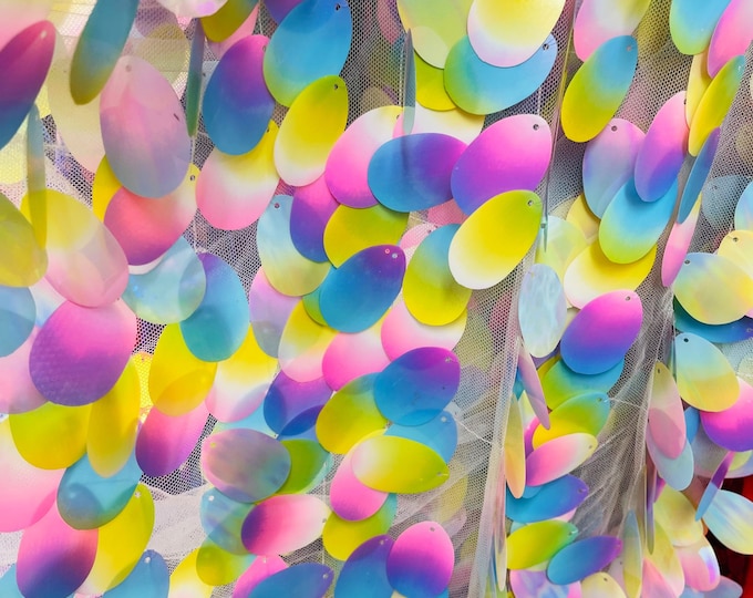 Big Oval Sequin Paillette Multi Color, by the yard - Tear Drop Mermaid Jumbo Sequins Fabric On a Mesh (Pick a Size)