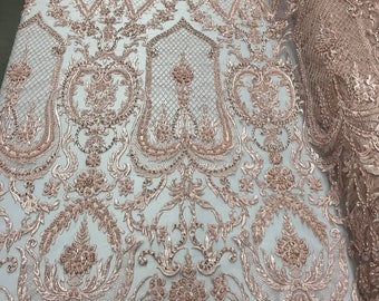 Blush Pink Beaded Fabric - by yard - Embroidered Damask Pattern With Pearls and Beads on Mesh Lace Fabric Wedding