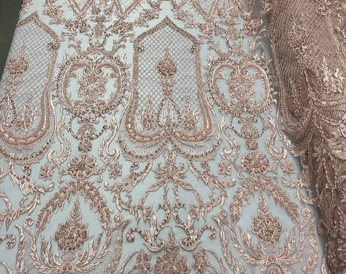 1 Yard 1/2 Blush Pink Beaded Fabric  - Embroidered Damask Pattern With Pearls and Beads on Mesh Lace Fabric Wedding