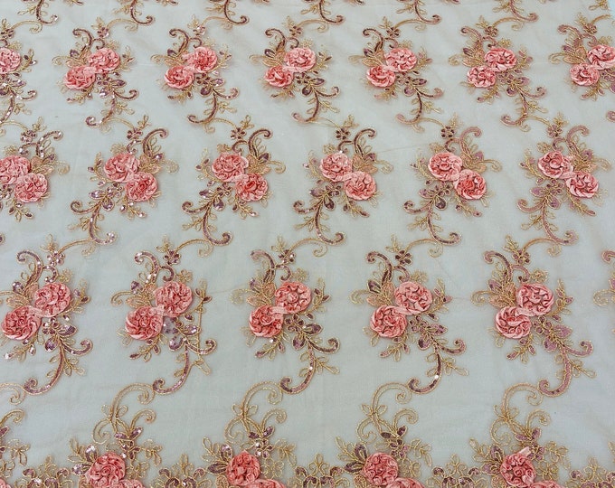 Coral/Pink Floral Lace Fabric - By The Yard - Embroidery Flower With Sequins on a Mesh Lace Fabric For Gown, Wedding-Bridal