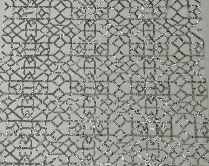 Silver 4 Way Stretch Geometric Elena Design Embroidered Shiny Sequins Fabric for Prom Gala Gown Sold By Yard