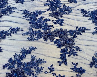 Royal Blue Cluster Bead Fabric - Embroidered Flower Beaded Fabric Wedding Bridal Lace Fabric Sold By Yard