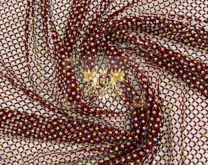 Iridescent Rhinestones Fabric by the yard On Burgundy Stretch Net Fabric, Spandex Fish Net with Crystal Stones
