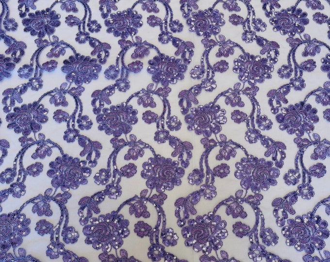 Mia Fabrics, Lilac Mesh Embroidery Corded Lace With Sequins, Flower Lace Sequin Sold by the yard (Pick a Size)