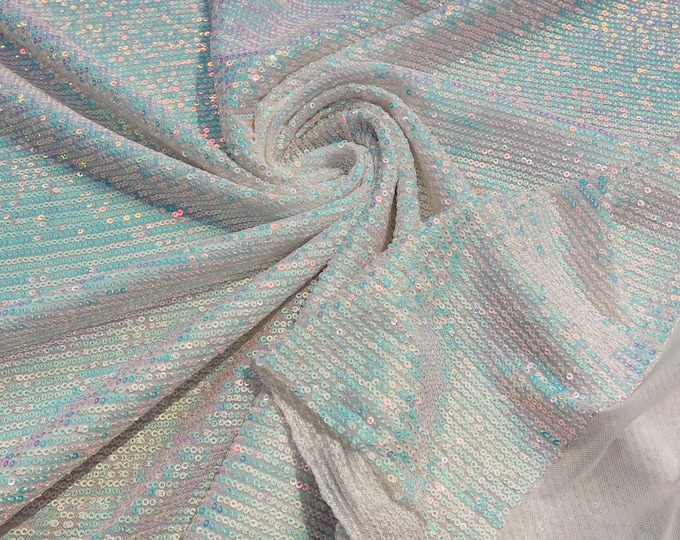 Blue Iridescent Mille Striped Stretch Sequins | by the yard | Lace 4 Way Mesh-Prom-Gown | Wedding Couture Fabric | Sequin Fabric