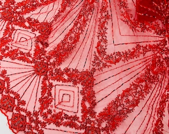 Red Beaded Lace Fabric: Geometric Embroidery on Mesh, Bridal Fabric