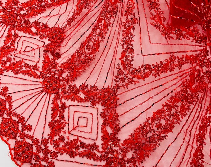 Red Beaded Geometric Pattern Beaded Fabric, by the yard, Embroidery Beaded Lace Fabric, Geometric Luxury Bridal Beaded Fabric on a Mesh