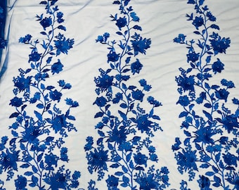 Royal Blue 3D Floral Design by the yard, Embroider and Beaded With Pearls On a Mesh Lace-Prom-Dresses-Nightgown