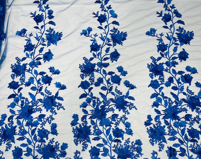Royal Blue 3D Floral Design by the yard, Embroider and Beaded With Pearls On a Mesh Lace-Prom-Dresses-Nightgown