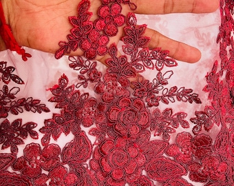 Burgundy 3D Flower Embroidery Lace Fabric, Corded Mesh, Bridal Wedding