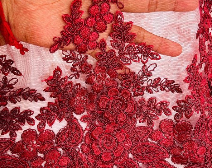 Burgundy 3D Flower Embroidery Lace Fabric By The Yard, Corded 3D Flower Embroidery Lace Fabric on a Mesh Lace Fabric For Wedding-Bridal