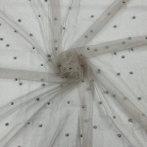 Silver Pearl Glitter Mesh Fabric, 2way Stretch Scattered Pearls Studded with glitter Mesh, sold by the yard (Pick a Size)