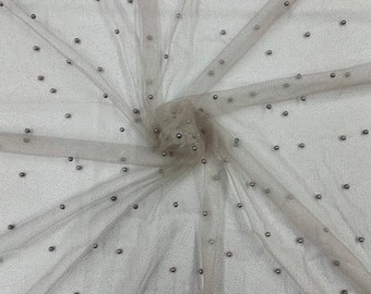 Silver Pearl Glitter Mesh Fabric, 2way Stretch Scattered Pearls Studded with glitter Mesh, sold by the yard (Pick a Size)