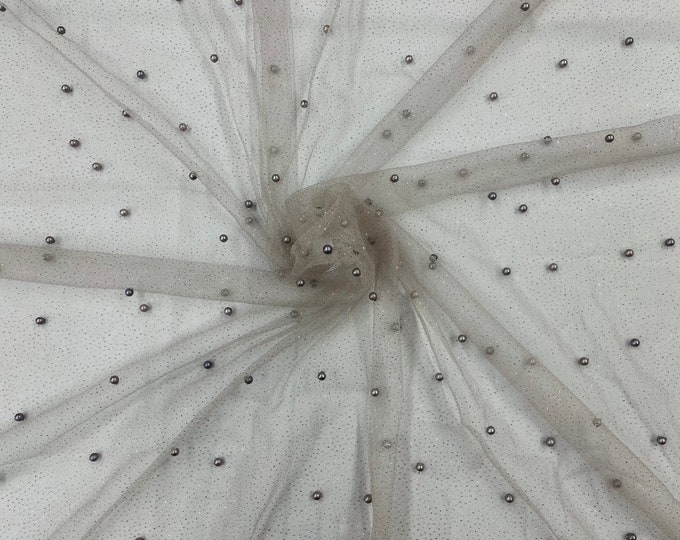 Silver Pearl Glitter Mesh Fabric, 2way Stretch Scattered Pearls Studded with glitter Mesh, sold by the yard (Pick a Size)