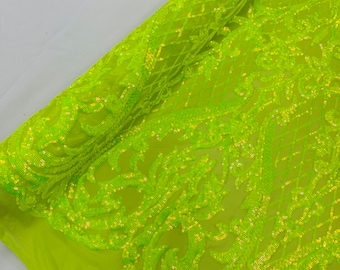 Lime Green Iridescent Sequin Fabric: 4-Way Stretch Embroidered Damask Lace