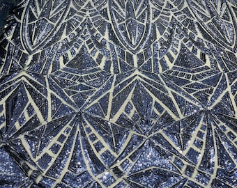 Navy Blue Sequins on Mesh, Geometric Design Embroidered on a Mesh 4way Stretch Sequin By Yard