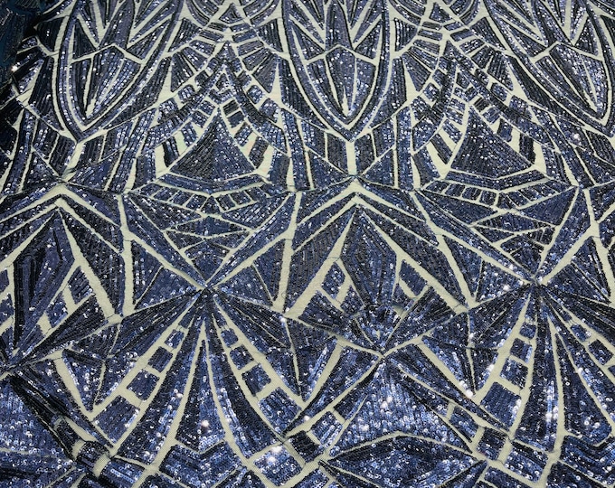 Navy Blue Sequins on Mesh, Geometric Design Embroidered on a Mesh 4way Stretch Sequin By Yard