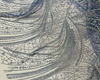 Smoked Blue Silver Rhinestones Glitter Fabric on a Mesh By The Yard | Fashion Desing Glitter Rhinestones on Mesh Fabric, Wedding Bridal/Prom