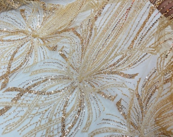 Champagne Beaded Floral Lace Fabric: Embroidered Sequin Mesh, Bridal Wedding Gown Fabric