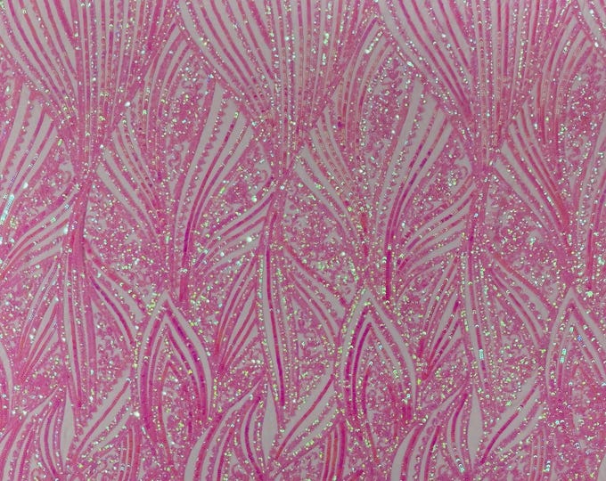Candy Pink Sequins Fabric 4 Way Stretch on a Mesh | Embroidered Damask Design With Sequin Lace Prom-Gown by the yard