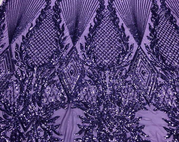 Lilac Sequins Fabric  - 4 Way Stretch Geometric Diamond Design on Mesh Fabric for Prom Gala Gown By The Yard