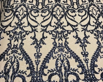 Navy Sequins Lace Fabric: Damask Embroidered Mesh, 4-Way Stretch