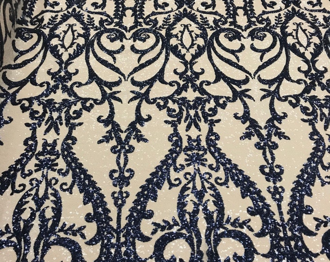 Two Tone Navy Sequins Lace Fabric On Mesh Damask Design Embroidered On 4way Stretch Sequin By The Yard -Prom-Gown ( Choose The Size )
