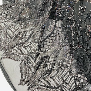 Black Sequin Fabric: 4-Way Stretch Embroidered Mesh, Royalty Design