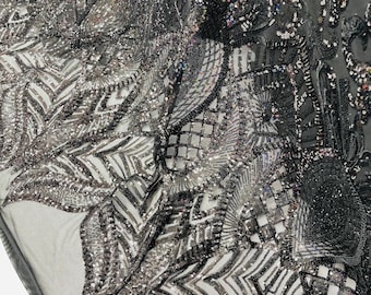 Black Sequin Fabric: 4-Way Stretch Embroidered Mesh, Royalty Design
