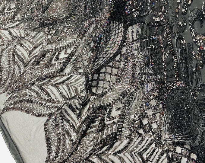 Black Sequin Fabric 4 Way Stretch By The Yard, Royalty Design Embroidered With Sequin on a Mesh, Black Sequin Prom-Gown