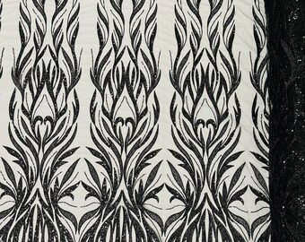 Black Beaded Fabric by the yard, Damask Design Embroidered With Beaded Sequin on a Mesh, Floral Wedding Lace Fabric (Pick a size )