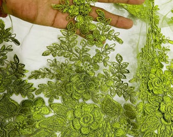 Olive 3D Flower Embroidery Lace Fabric, Corded Mesh, Bridal Wedding