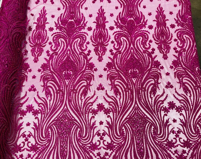Magenta Floral Design - by the yard - Beaded Fabric, Embroidered With Pearls and Beads on Mesh Lace Fabric