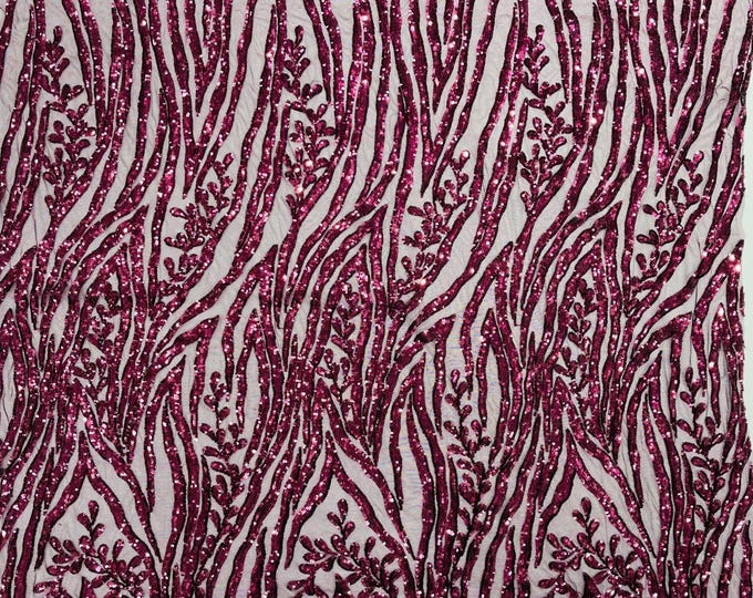 Wine Sequin Fabric 4 Way Stretch Fashion Design Sequins on White Spandex Mesh Prom Gala Gown Fabric By The Yard