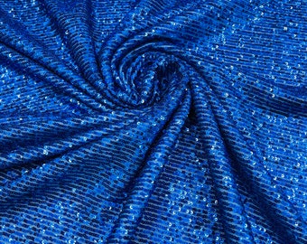 Royal Blue Striped Sequin Fabric, Stretch Mesh, Couture Gown Fabric By The Yard