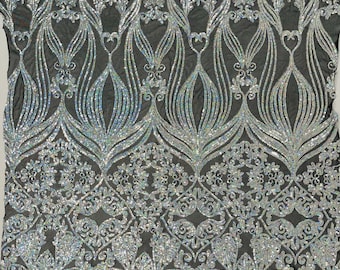 Holographic Silver Sequin Fabric: 4-Way Stretch Black Mesh, Prom Gown Lace